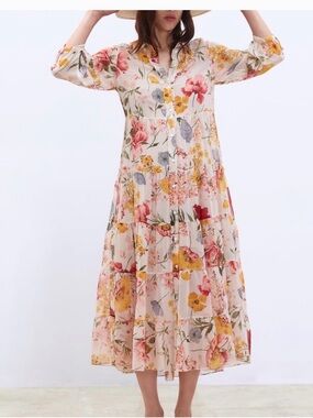Zara Floral Button-Front Tiered Maxi Dress - Cream with Pink & Yellow Blossoms